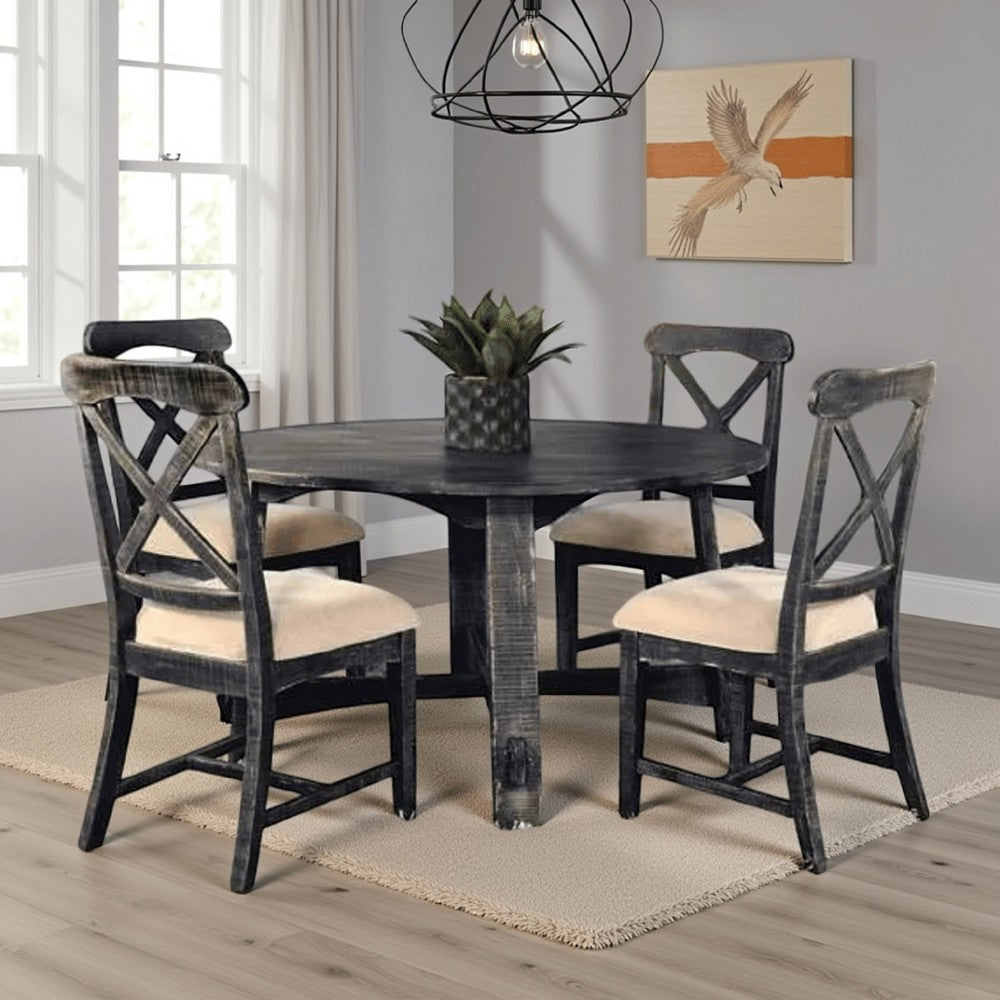 Rena Dining Table, 54" Rustic Round Planked Black Smoke Mahogany Wood
