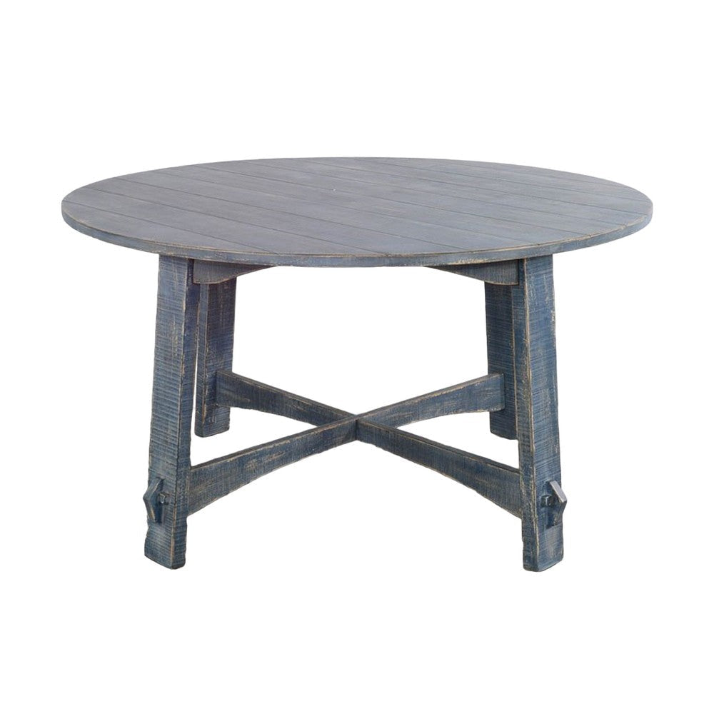 Rena Dining Table 54’’ Rustic Round Planked Ocean Blue Mahogany Wood BM325398