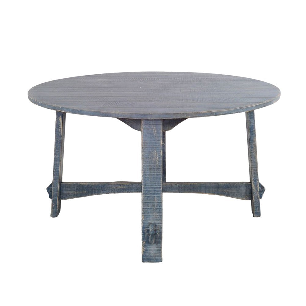 Rena Dining Table 54’’ Rustic Round Planked Ocean Blue Mahogany Wood BM325398