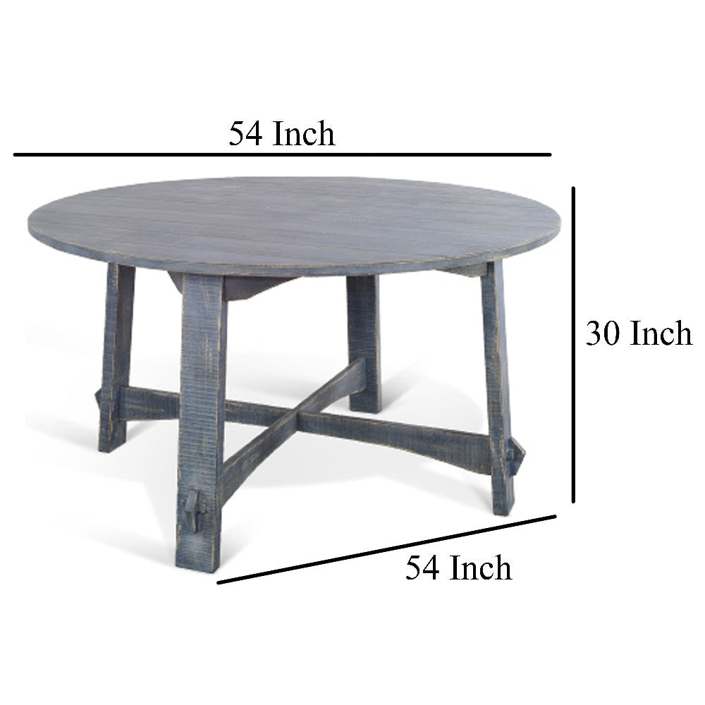 Rena Dining Table 54’’ Rustic Round Planked Ocean Blue Mahogany Wood BM325398