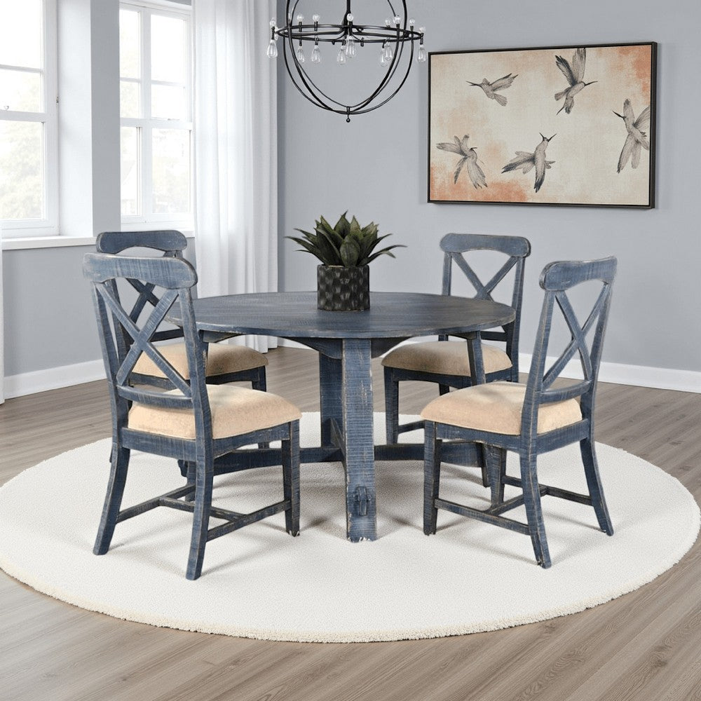 Rena Dining Table, 54" Rustic Round Planked Ocean Blue Mahogany Wood