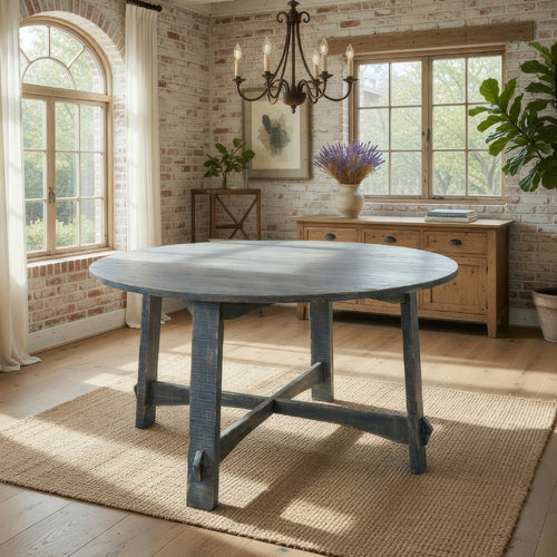 Rena Dining Table, 54" Rustic Round Planked Ocean Blue Mahogany Wood