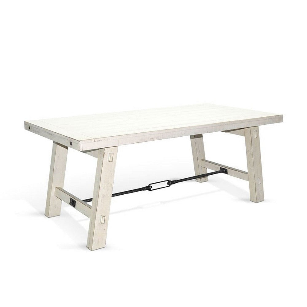 Rena Dining Table with Turnbuckles, 74" Rustic Off-White Mahogany Wood