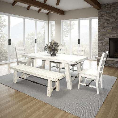 Rena Dining Table with Turnbuckles, 74" Rustic Off-White Mahogany Wood