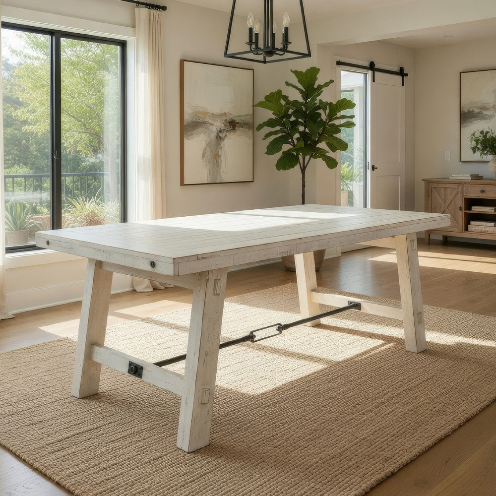 Rena Dining Table with Turnbuckles, 74" Rustic Off-White Mahogany Wood