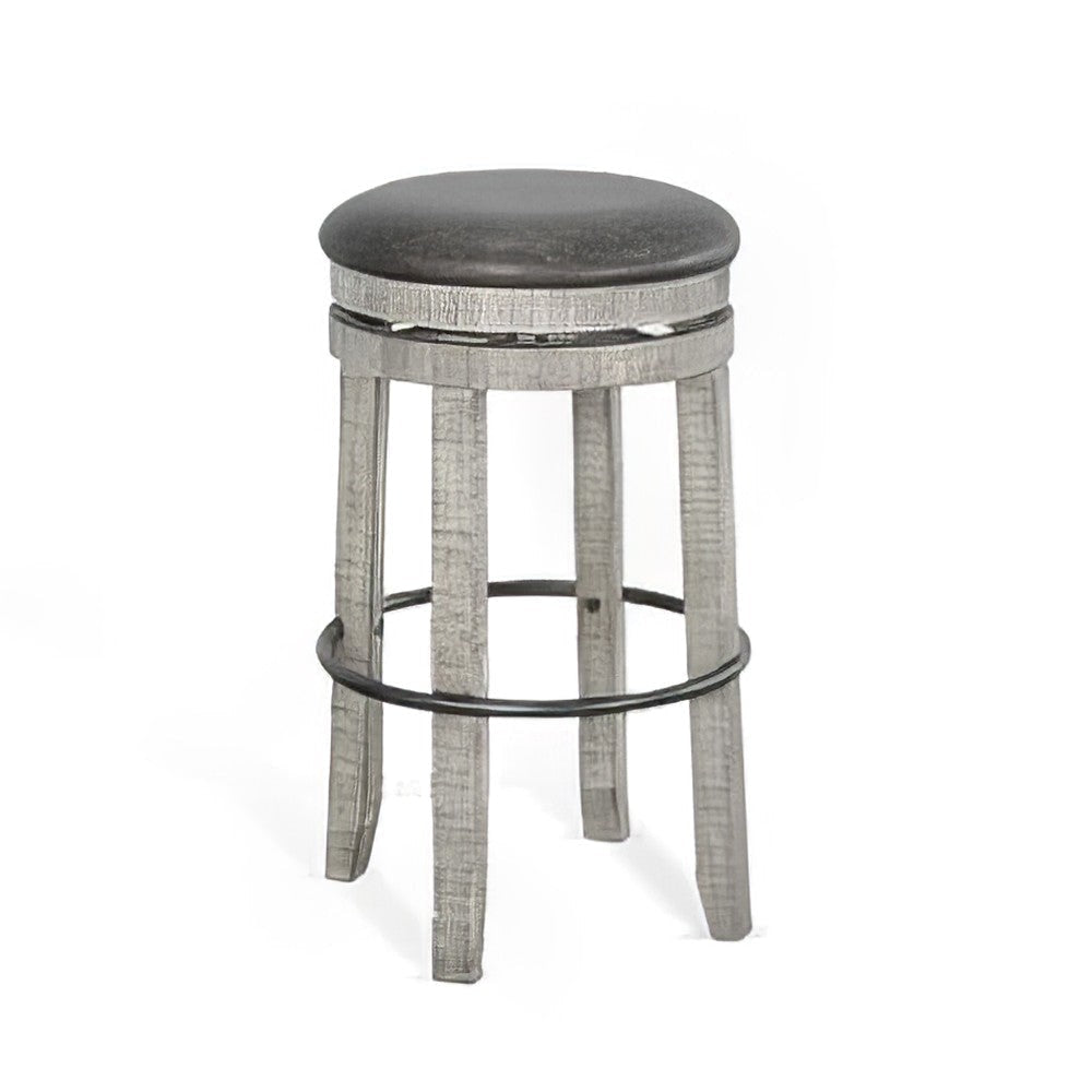 Zeka Swivel Barstool Set of 2, Gray Faux Leather and Mahogany Wood
