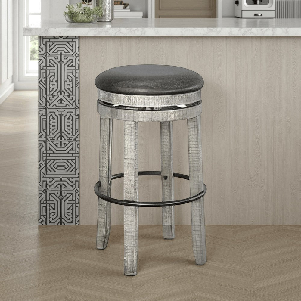 Zeka Swivel Barstool Set of 2, Gray Faux Leather and Mahogany Wood