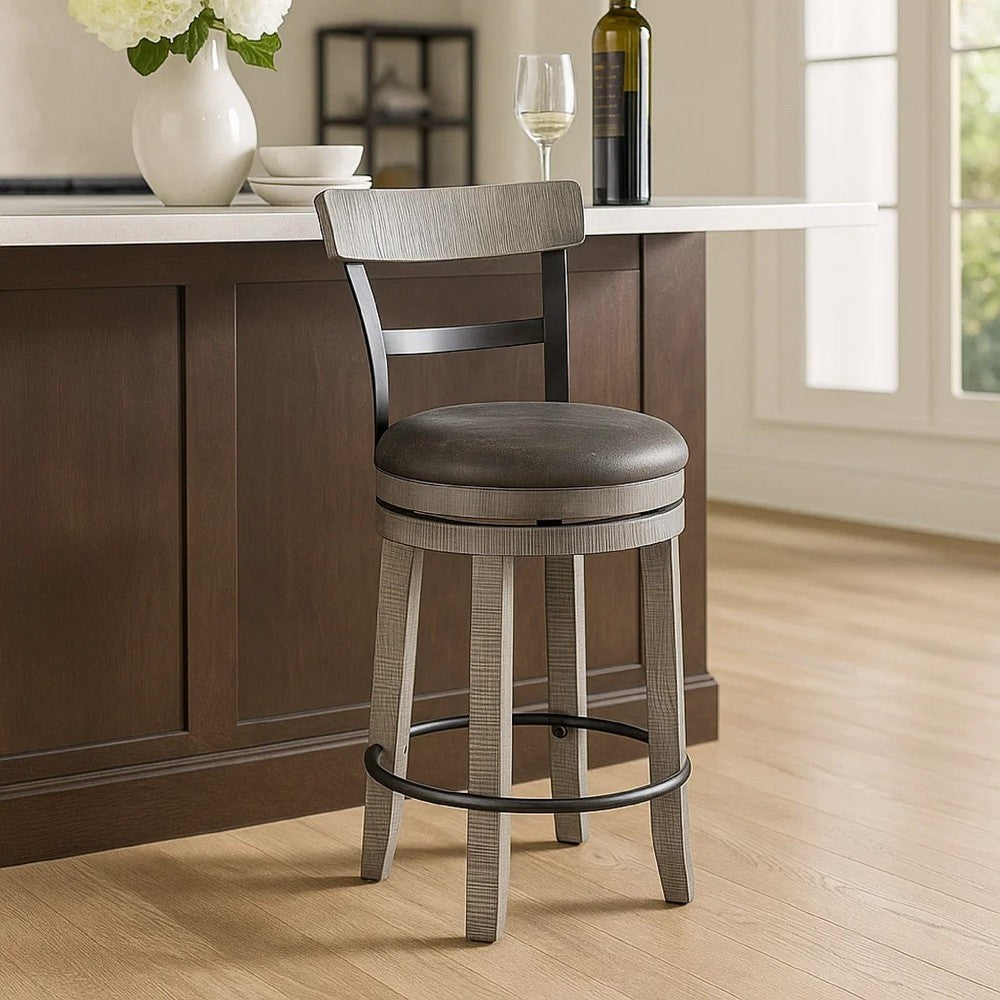 Zeka Swivel Counter Stool Chair Set of 2, Faux Leather, Gray Mahogany