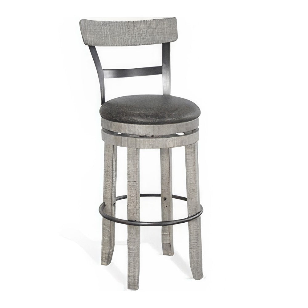 Zeka Swivel Barstool Chair Set of 2, Faux Leather, Gray Mahogany Wood