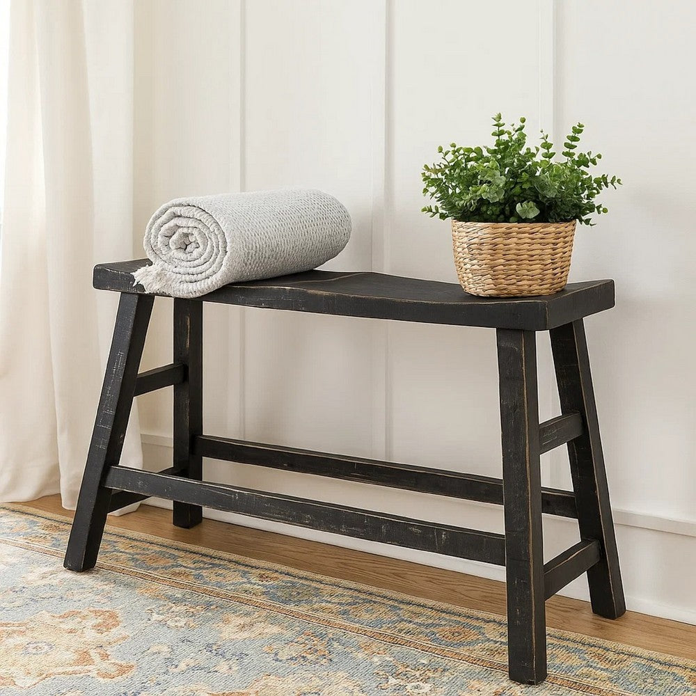 Rena Counter Height Bench, 33" Rustic Style Black Mahogany Wood Frame