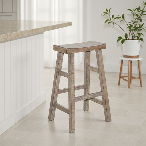 Rena Barstool Set of 2, Saddle Style Seat, Light Brown Mahogany Wood
