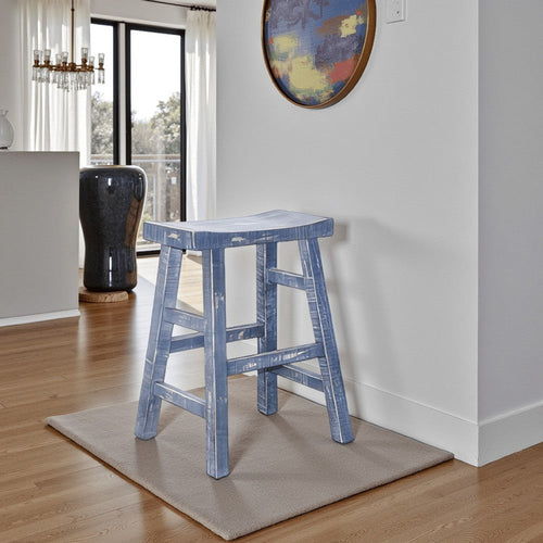 Rena Counter Stool Set of 2, Saddle Seat, Ocean Blue Mahogany Wood