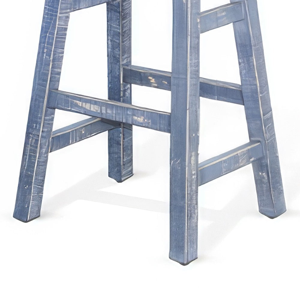 Rena Barstool Set of 2 Saddle Style Seat Ocean Blue Mahogany Wood BM325452