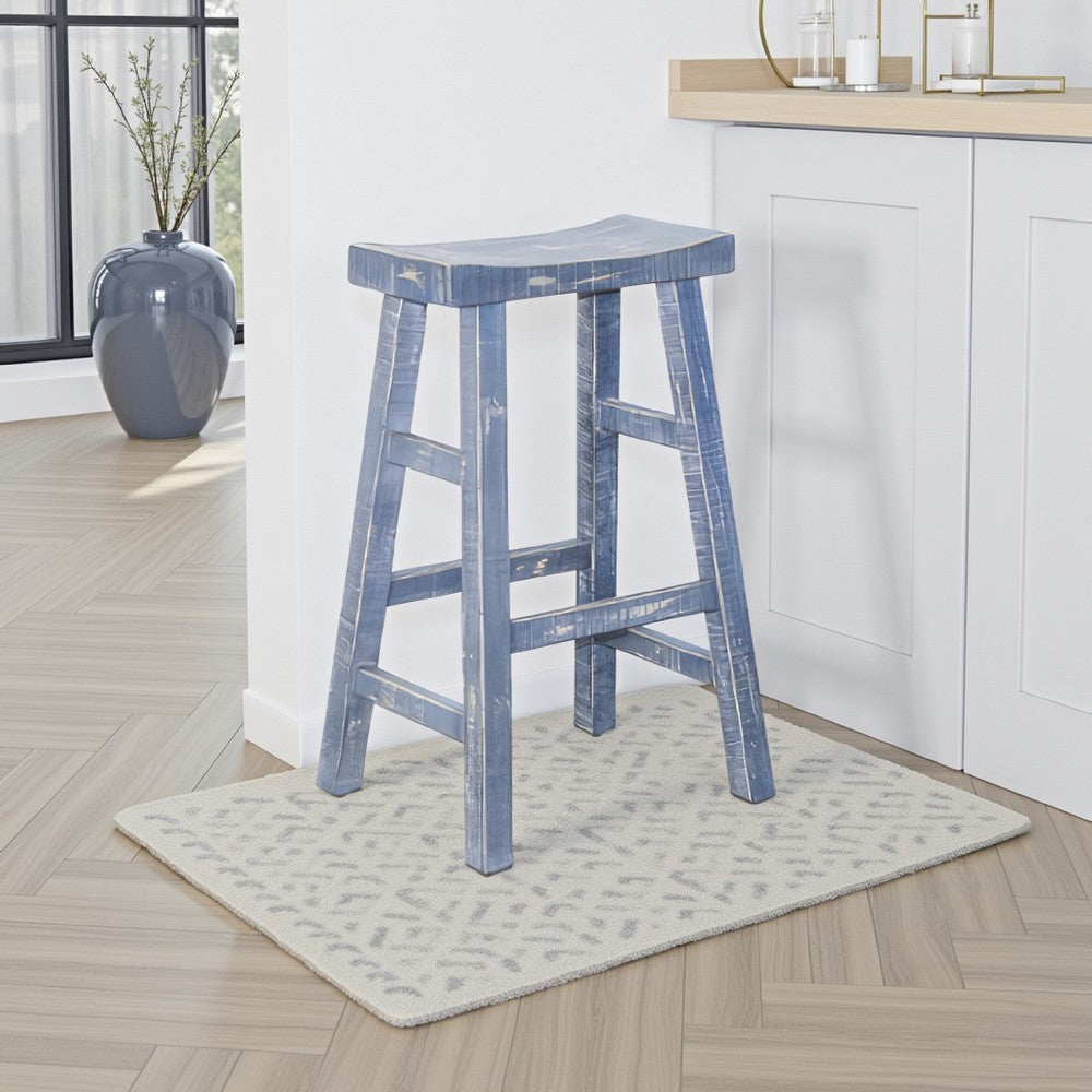 Rena Barstool Set of 2, Saddle Style Seat, Ocean Blue Mahogany Wood