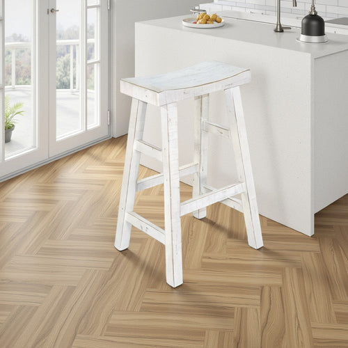 Rena Bar Stool Set of 2, Saddle Style Seat, White Sand Mahogany Wood