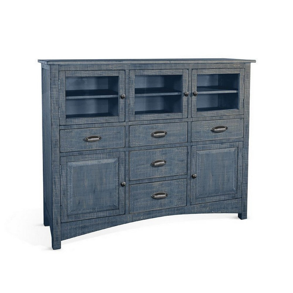 Rena Sideboard Buffet Console, 5 Doors, 5 Drawers, 59" Ocean Blue Wood