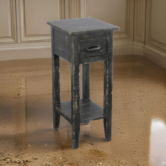 Rena Chairside Table w Drawer, Shelf, 14" Rustic Black Mahogany Wood