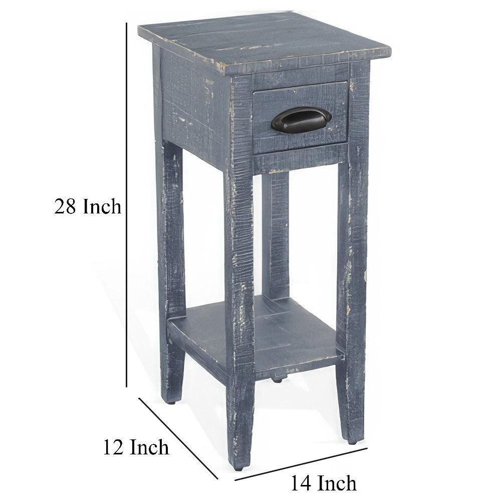 Rena Chairside Table with Drawer and Shelf 14’’ Blue Mahogany Wood BM325467