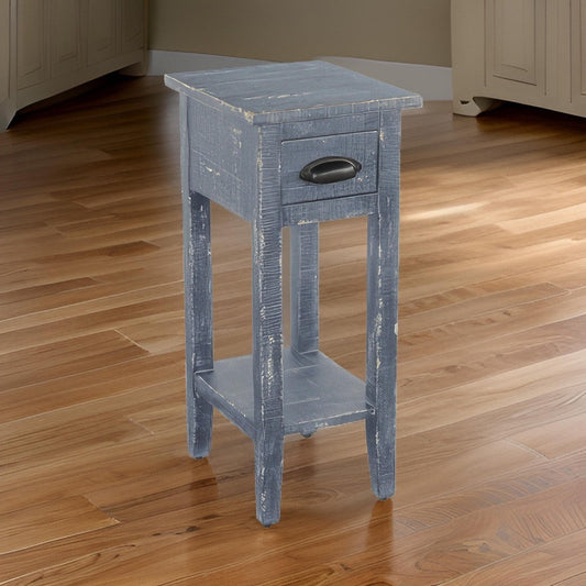 Rena Chairside Table with Drawer and Shelf, 14" Blue Mahogany Wood