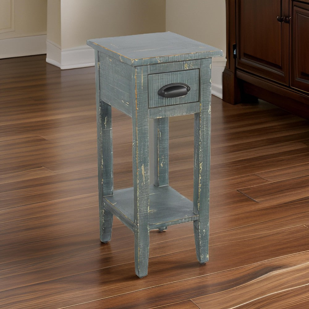 Rena Chairside Table, Drawer and Shelf, 14" Rustic Green Mahogany Wood