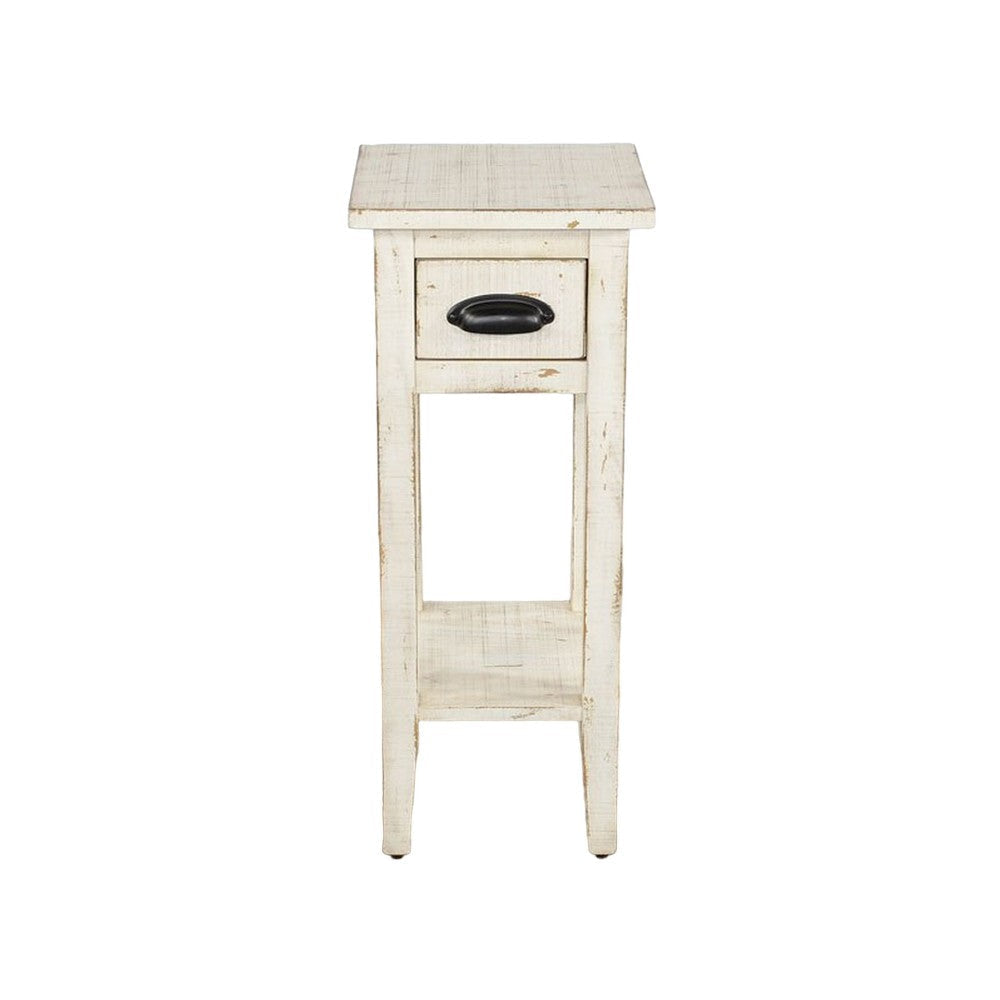 Rena Chairside Table Drawer and Shelf 14’’ Rustic White Mahogany Wood BM325469
