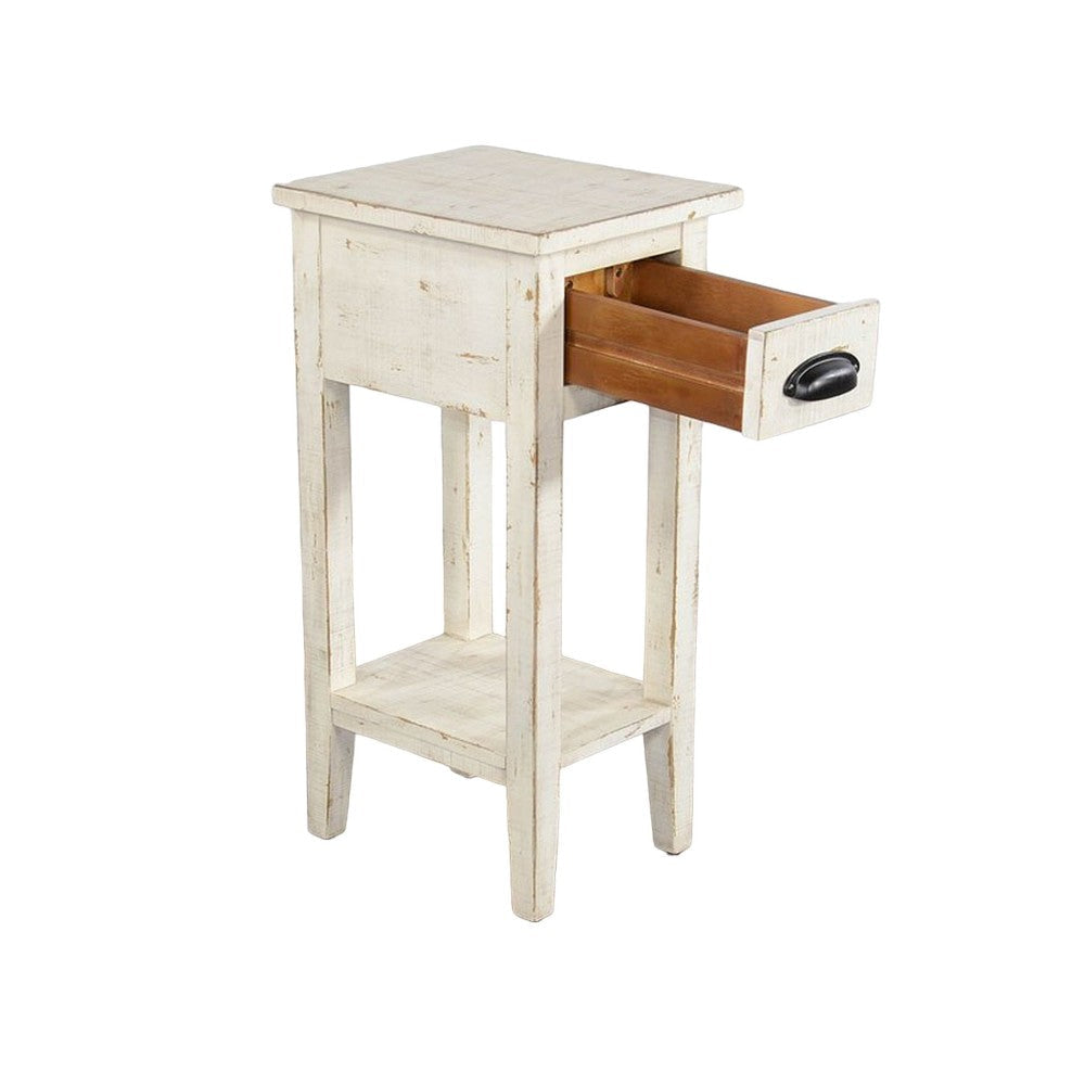 Rena Chairside Table Drawer and Shelf 14’’ Rustic White Mahogany Wood BM325469