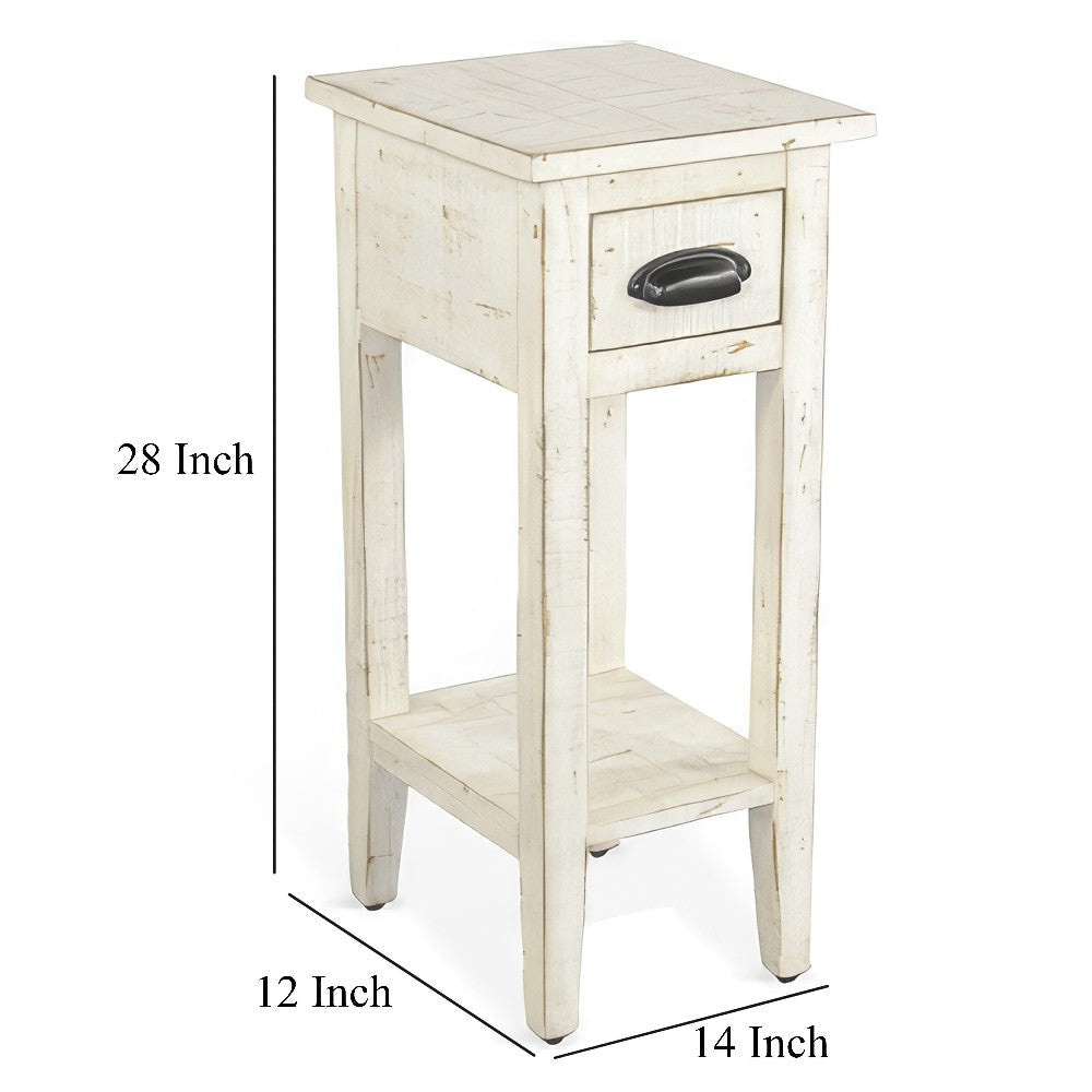 Rena Chairside Table Drawer and Shelf 14’’ Rustic White Mahogany Wood BM325469