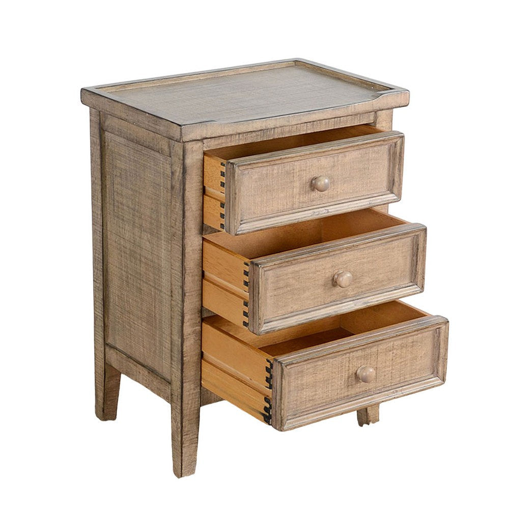 Rena Side End Table | 3 Drawers with Round Knobs | 19’’ Distressed Pebble Brown Mahogany Wood BM325470