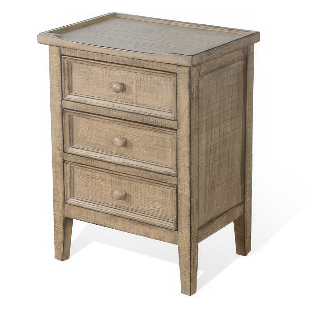 Rena Side End Table | 3 Drawers with Round Knobs | 19’’ Distressed Pebble Brown Mahogany Wood BM325470