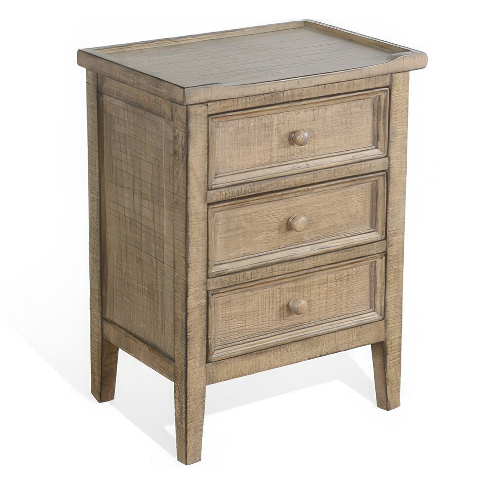 Rena Side End Table | 3 Drawers with Round Knobs | 19’’ Distressed Pebble Brown Mahogany Wood BM325470