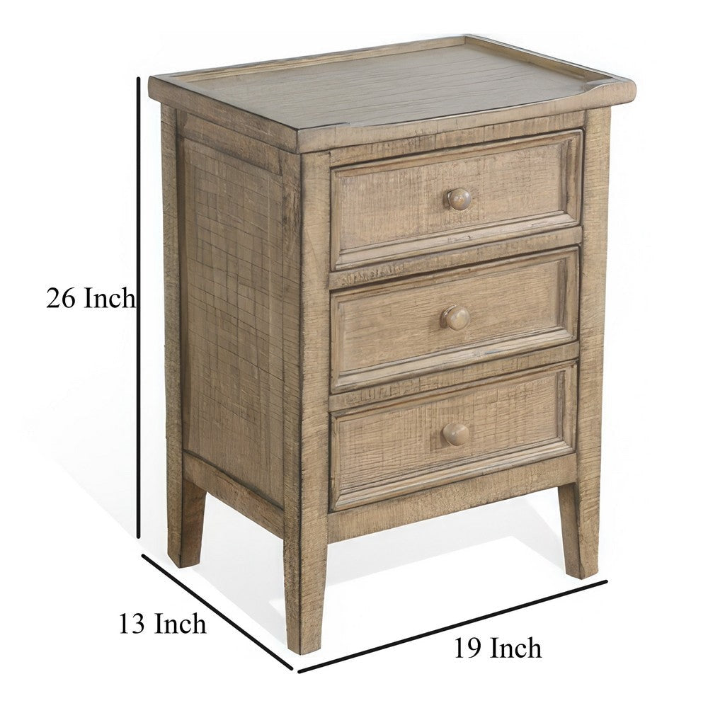 Rena Side End Table | 3 Drawers with Round Knobs | 19’’ Distressed Pebble Brown Mahogany Wood BM325470