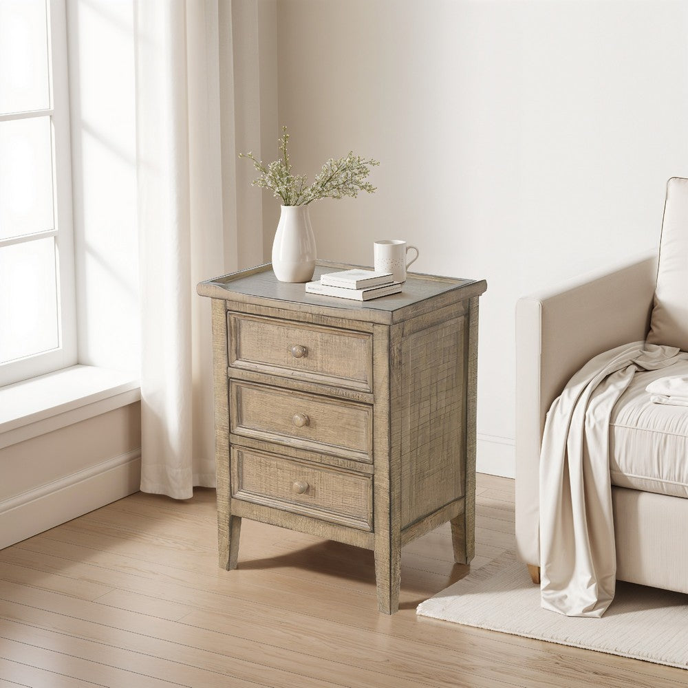 Rena Side End Table | 3 Drawers with Round Knobs | 19" Distressed Pebble Brown Mahogany Wood