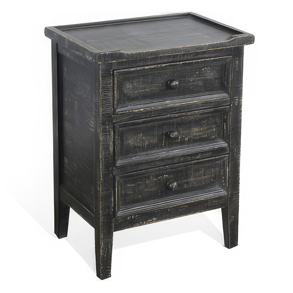 Rena End Table with 3 Drawers 19’’ Distressed Black Mahogany Wood BM325471