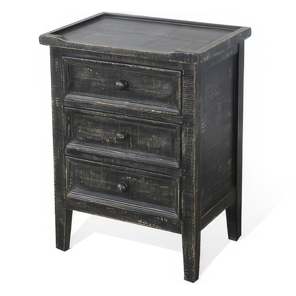 Rena End Table with 3 Drawers 19’’ Distressed Black Mahogany Wood BM325471