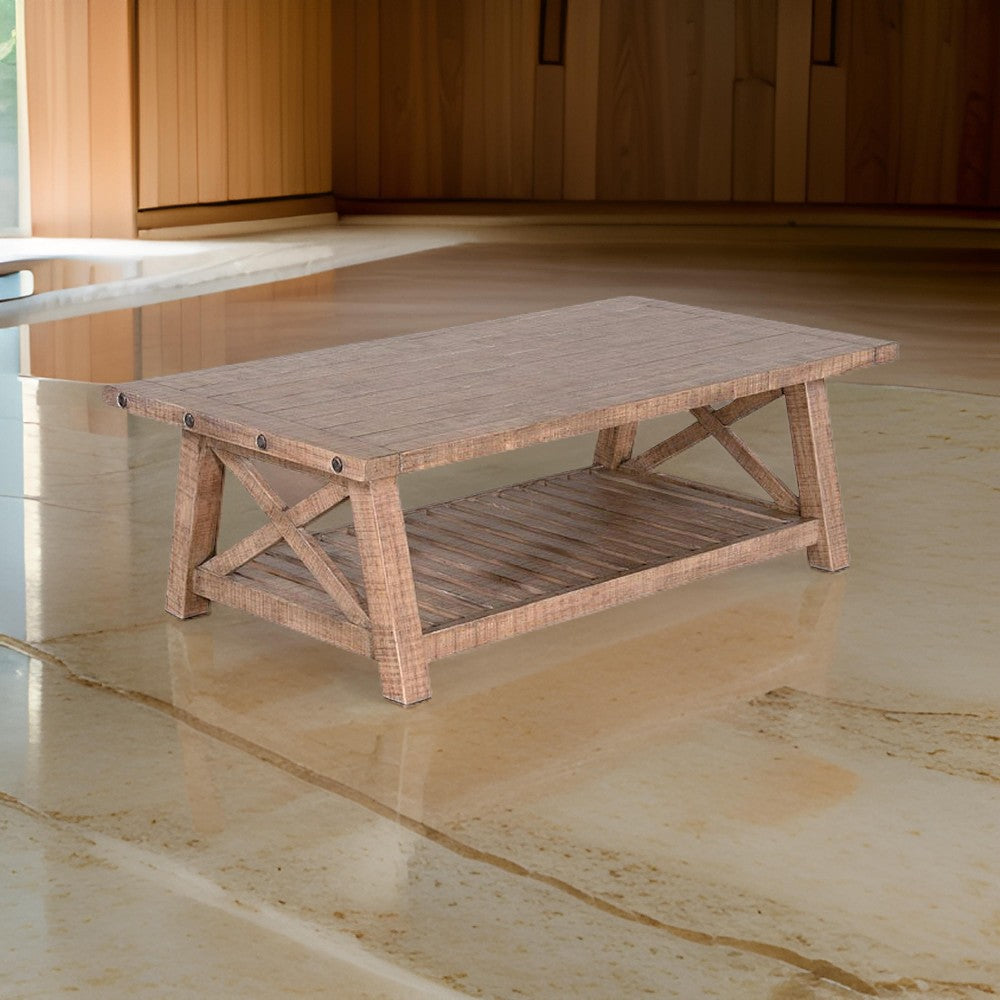 Anva Coffee Table, Light Brown Mahogany Wood, Shelf, Rectangular 52"