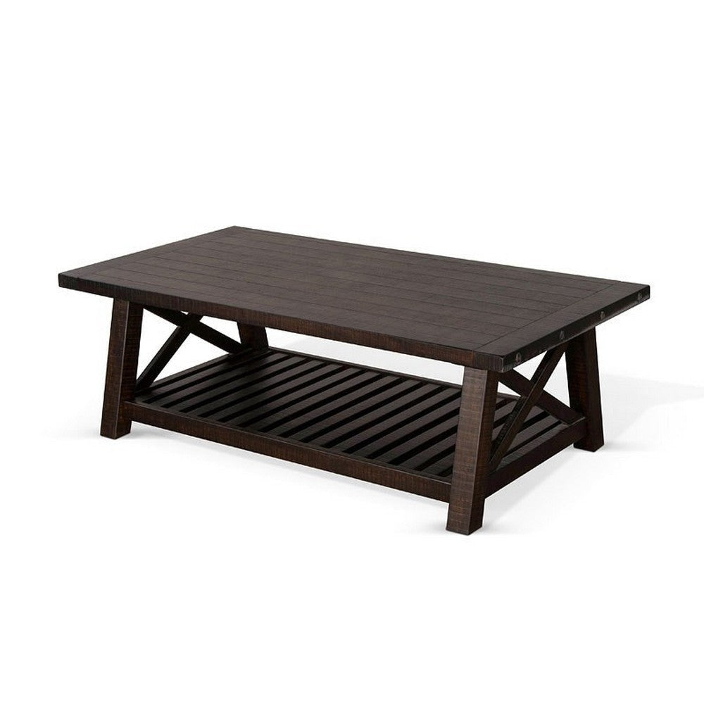 Anva Coffee Table Dark Brown Mahogany Wood Shelf Rectangular 52’’ BM325476