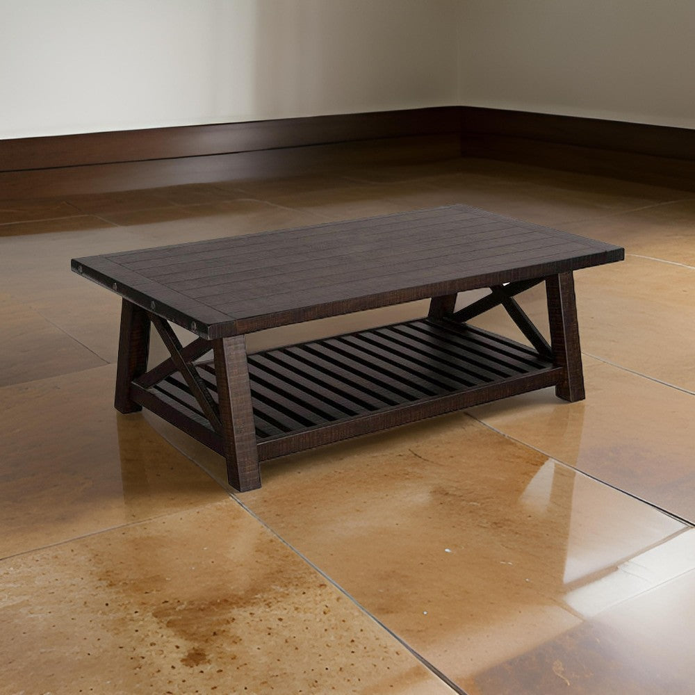Anva Coffee Table, Dark Brown Mahogany Wood, Shelf, Rectangular 52"