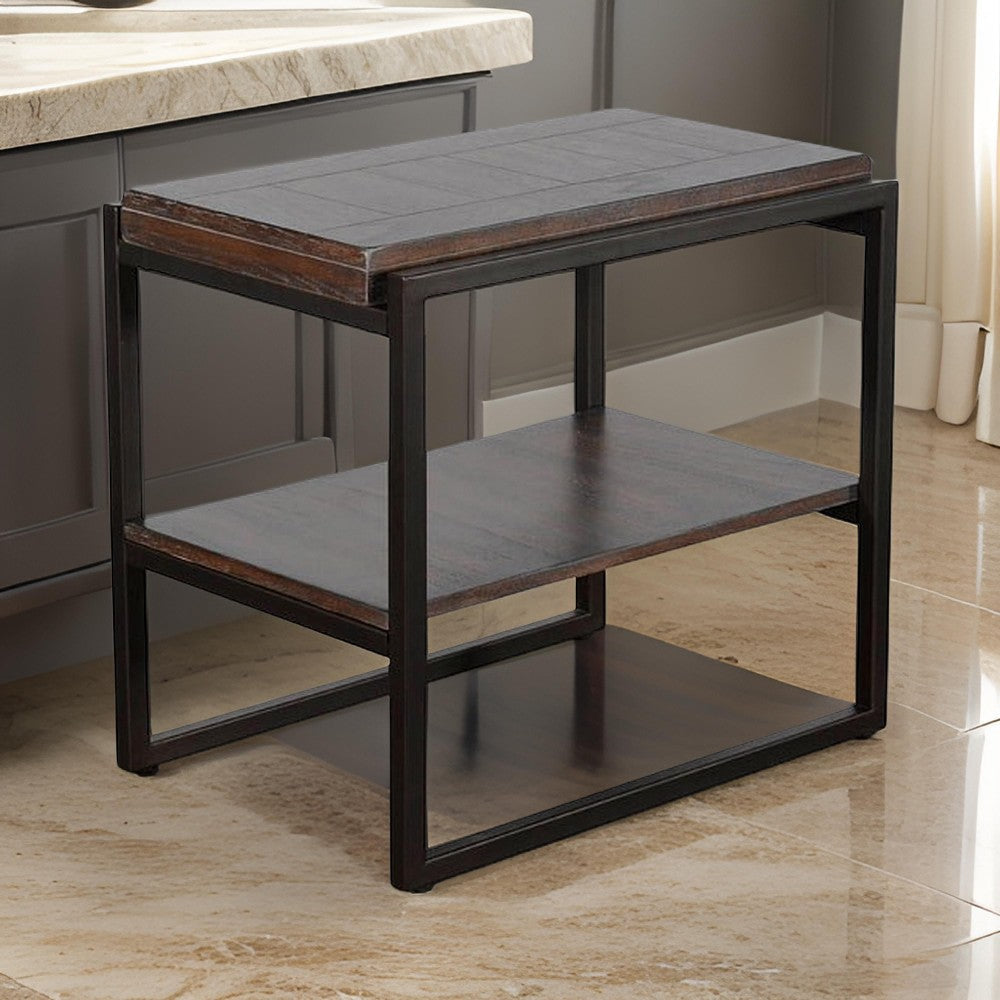 Lery Accent Chairside Table, Dark Brown Mahogany Wood, 24" Black Metal