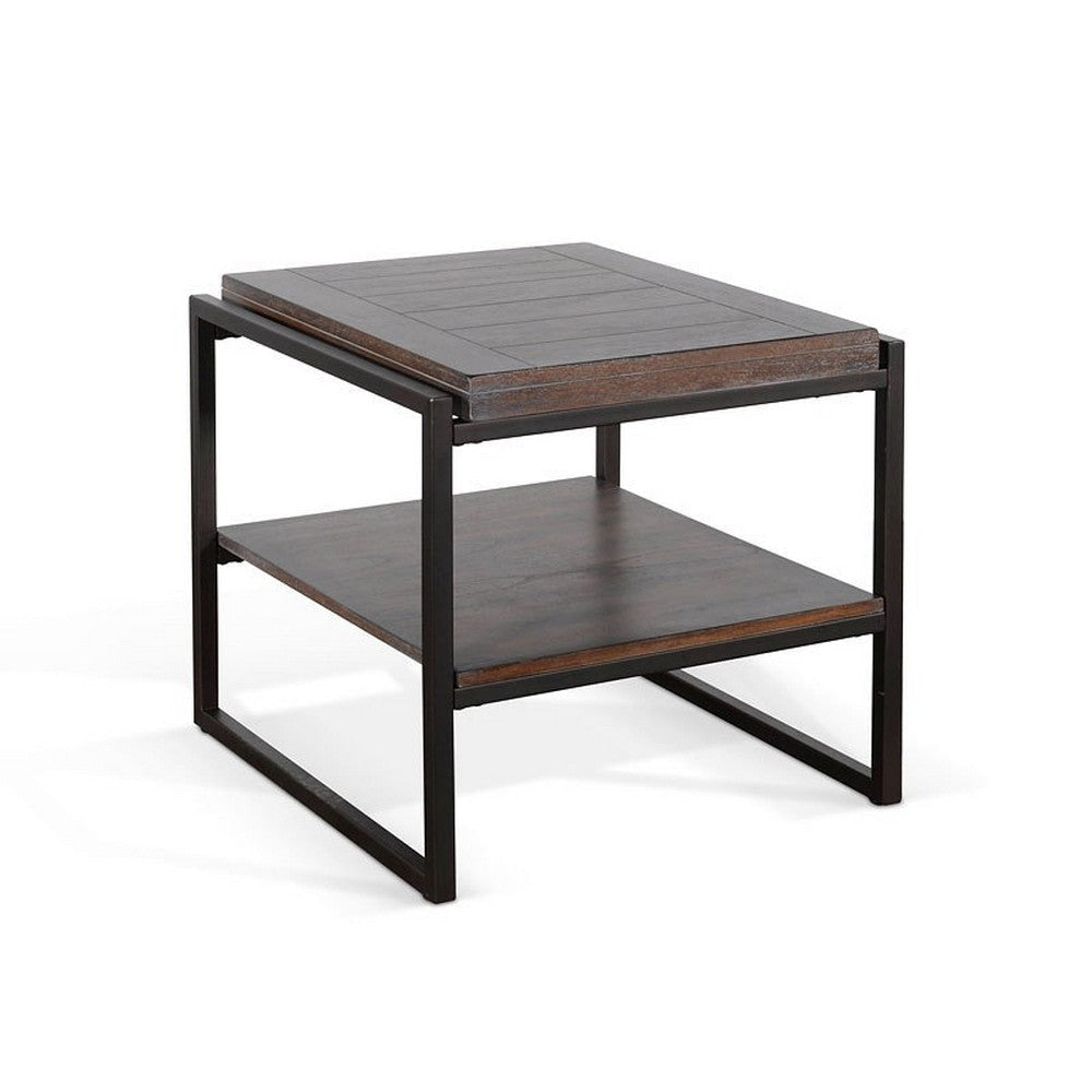 Lery End Table Dark Brown Wood 24’’ Black Metal Frame Bottom Shelf BM325482