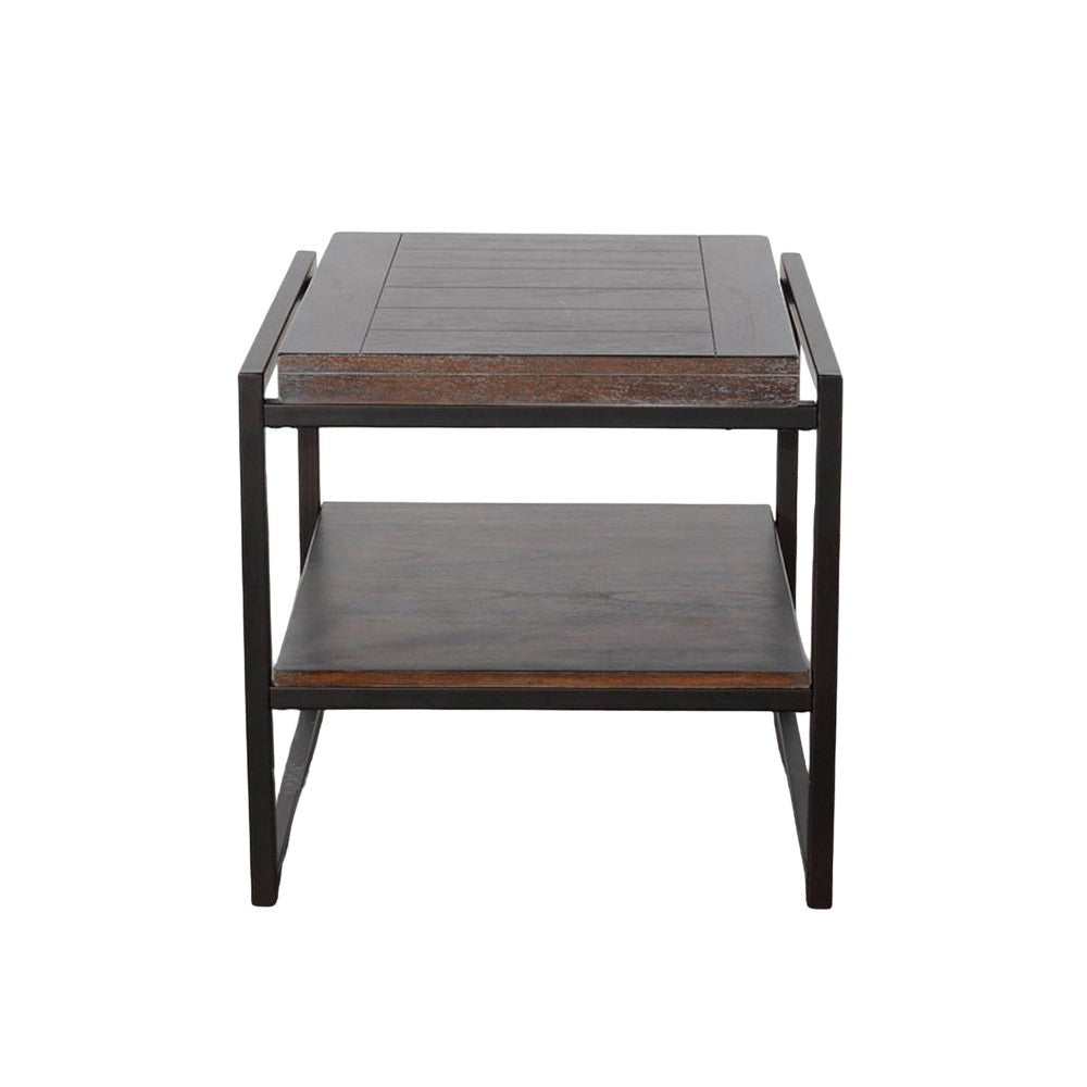Lery End Table Dark Brown Wood 24’’ Black Metal Frame Bottom Shelf BM325482