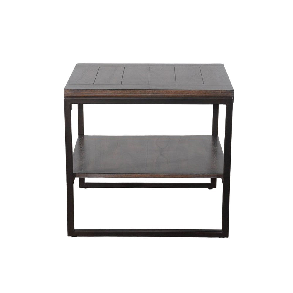 Lery End Table Dark Brown Wood 24’’ Black Metal Frame Bottom Shelf BM325482