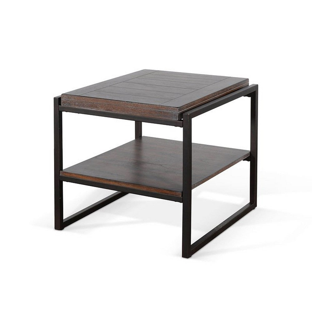 Lery End Table Dark Brown Wood 24’’ Black Metal Frame Bottom Shelf BM325482