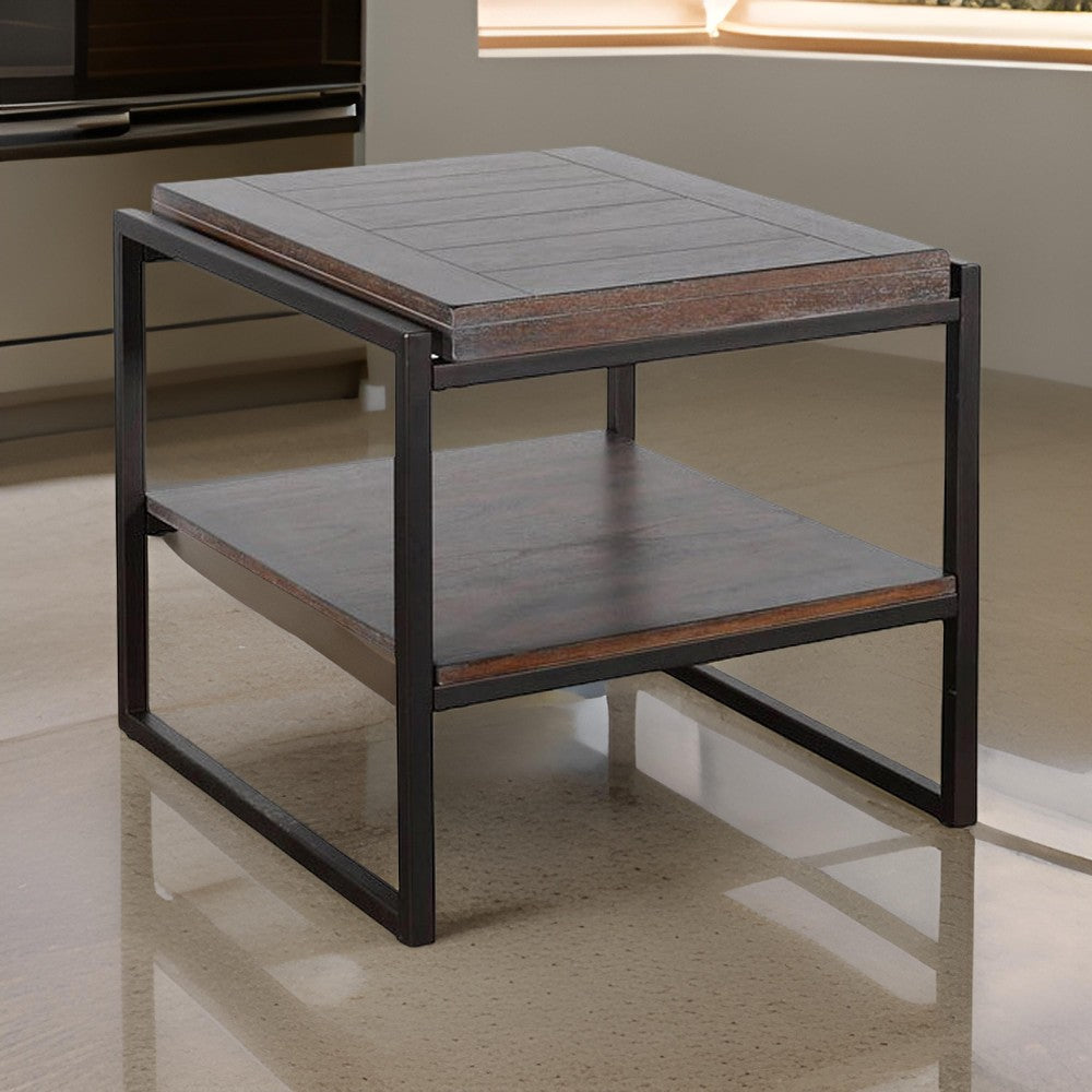 Lery End Table, Dark Brown Wood, 24" Black Metal Frame, Bottom Shelf