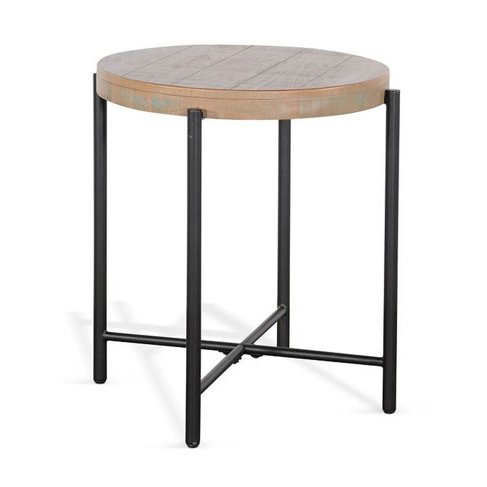 Reena Accent Chairside Table Light Brown Wood Black Metal Round 22’’ BM325485
