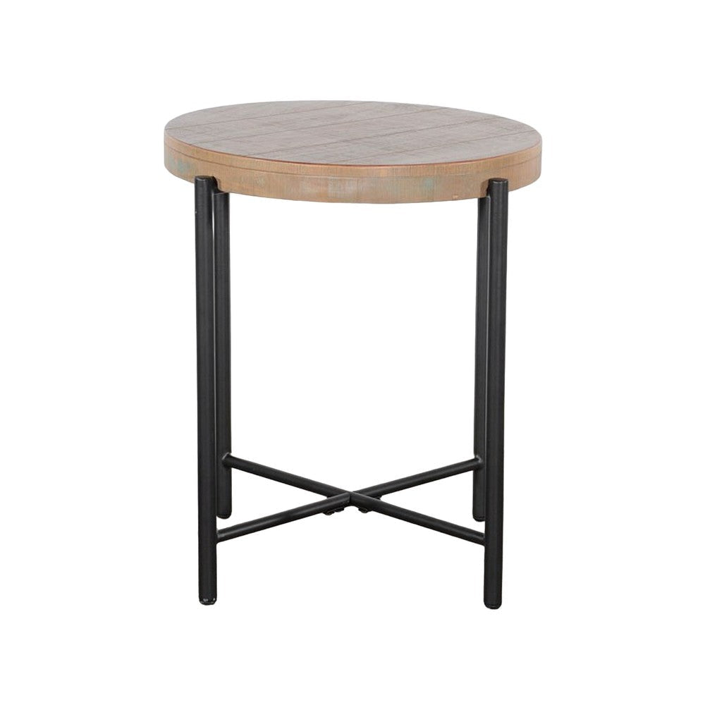 Reena Accent Chairside Table Light Brown Wood Black Metal Round 22’’ BM325485