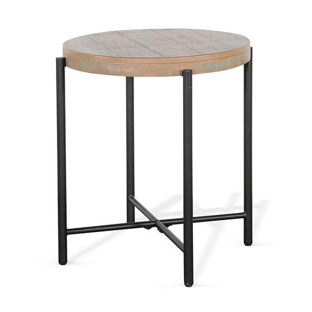 Reena Accent Chairside Table Light Brown Wood Black Metal Round 22’’ BM325485