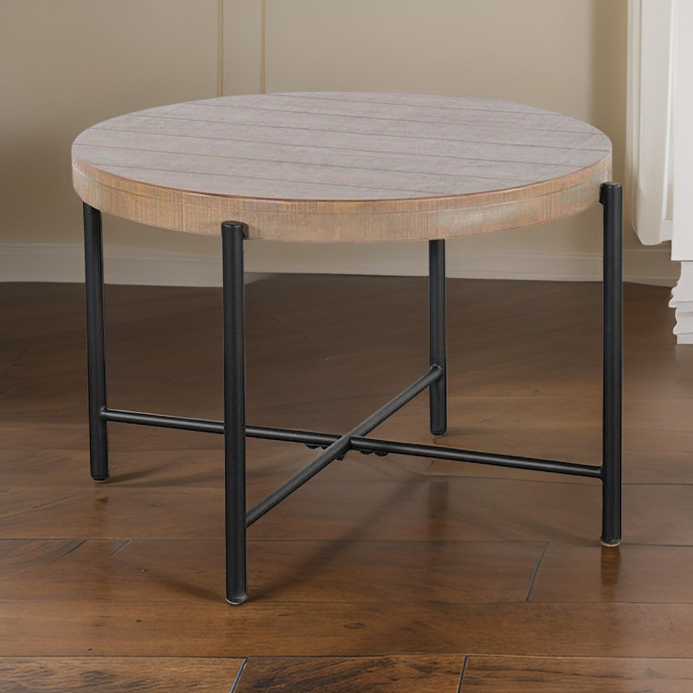 Reena End Table, Light Brown Mahogany, Black Metal Frame, Round 28"