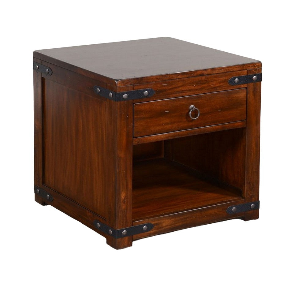 Odel Side End Table Drawer Dark Brown Mahogany Wood Metal 24’’ Top BM325504