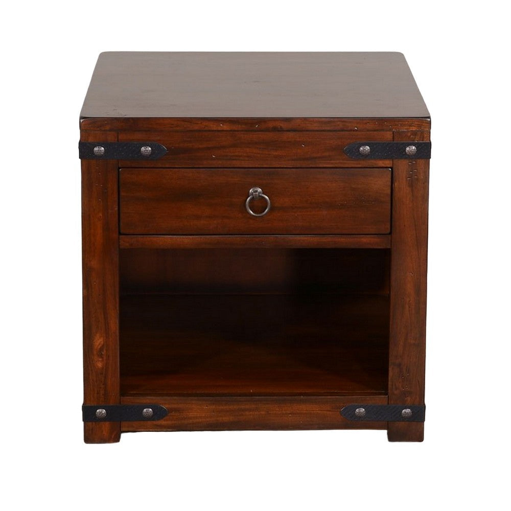 Odel Side End Table Drawer Dark Brown Mahogany Wood Metal 24’’ Top BM325504
