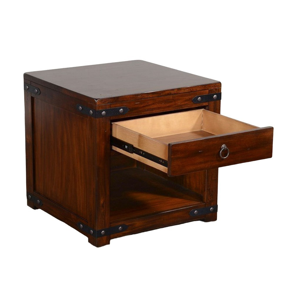 Odel Side End Table Drawer Dark Brown Mahogany Wood Metal 24’’ Top BM325504